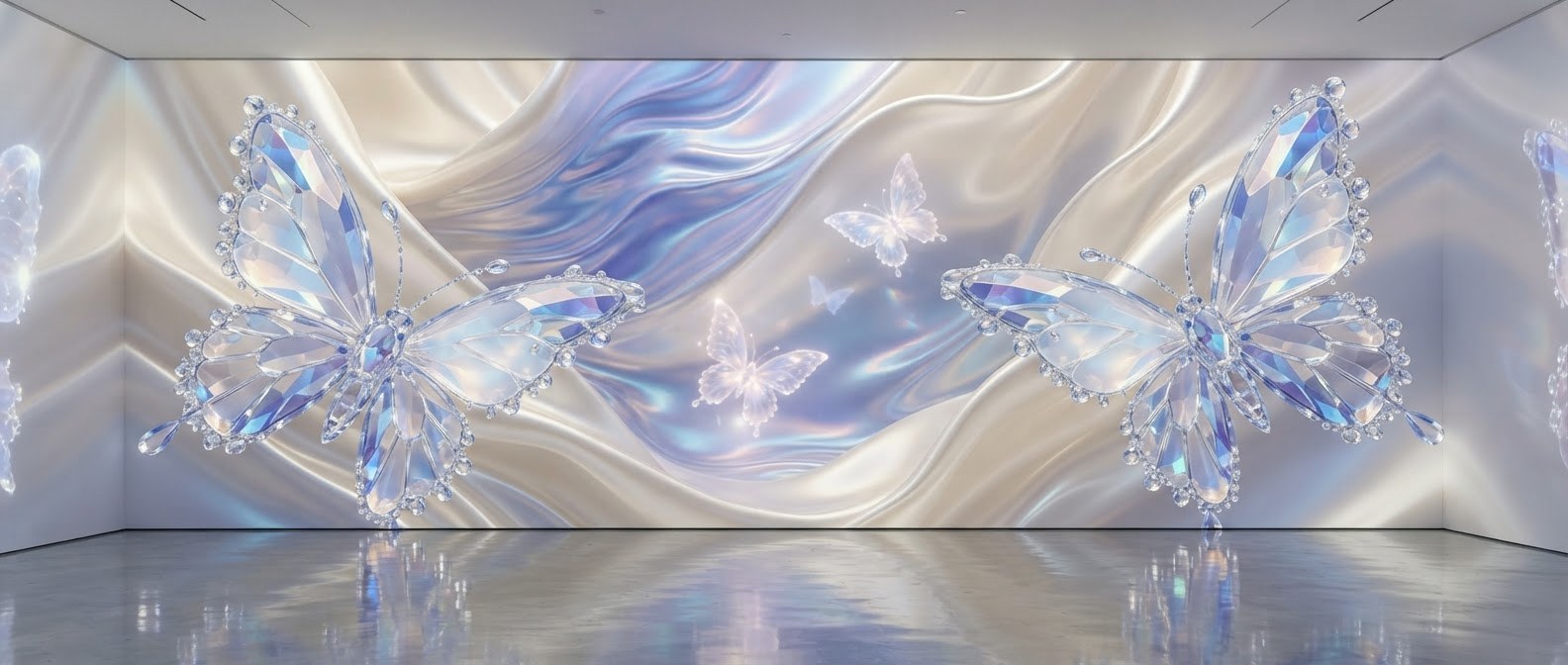A pale gallery wall washed in pearl and lavender light, with two large faceted glass butterflies and smaller luminous ones in flight.