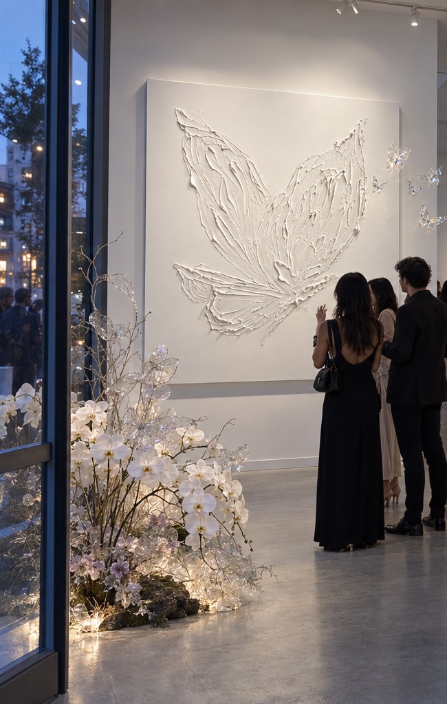 Guests in dark clothing in a bright gallery, looking at large white and black butterfly paintings, with glass butterflies hanging from the ceiling.