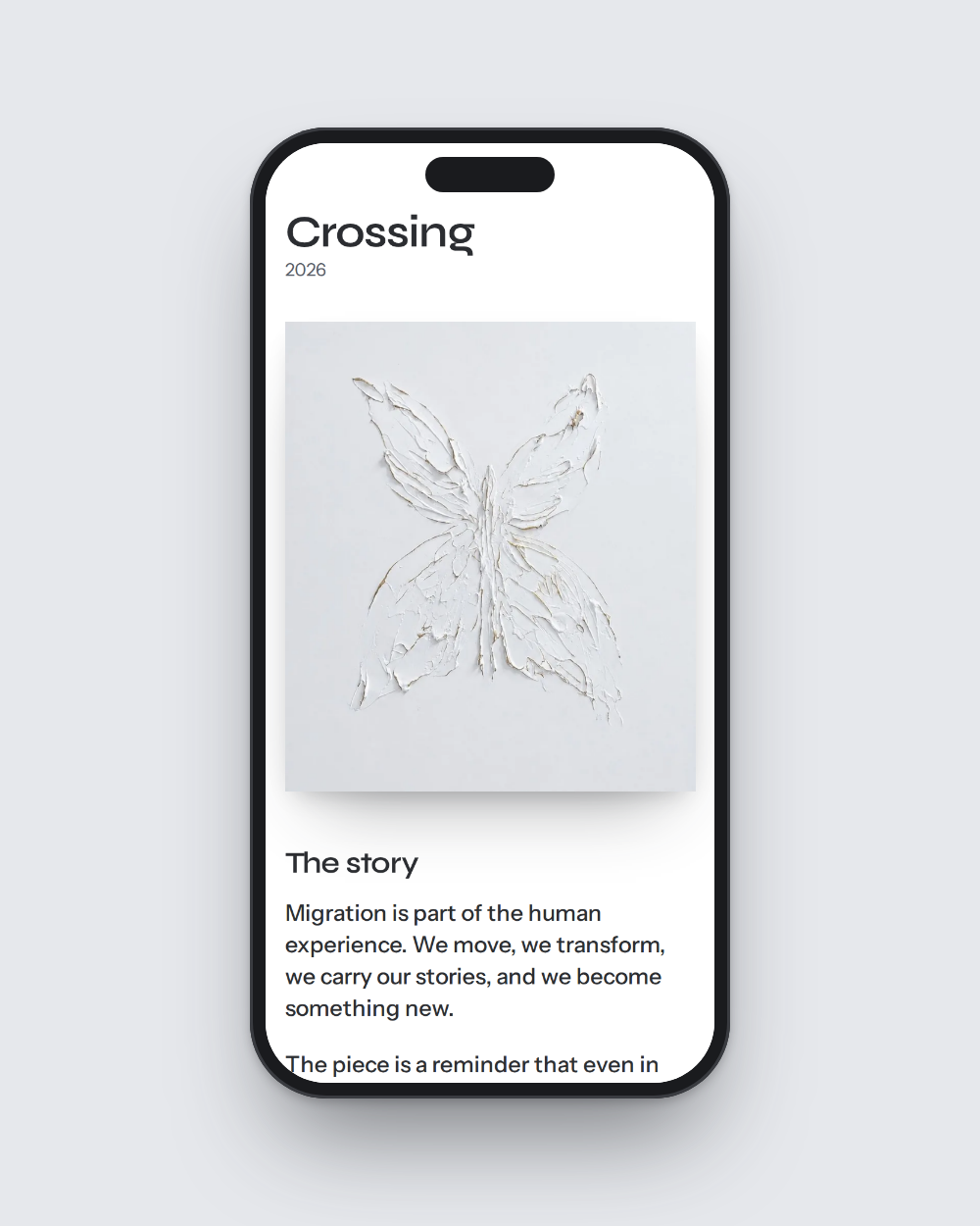 A phone showing the artwork story page for Crossing, with its story and provenance.