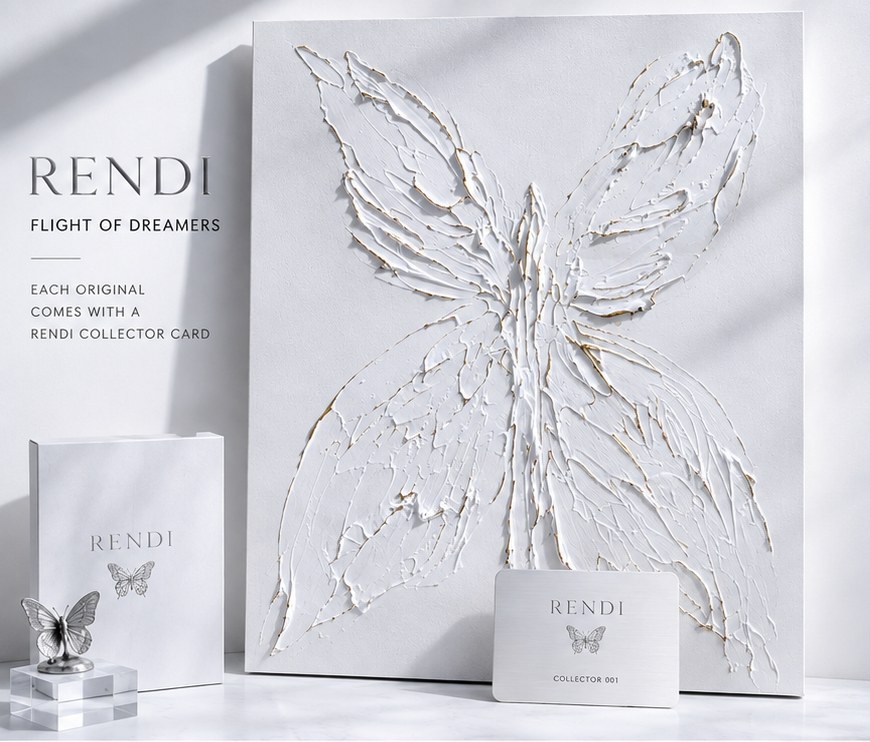 Crossing on a wall beside its keepsake box, a silver butterfly on a glass block, and the Collector Card.